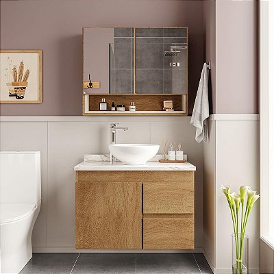 Conjunto Gabinete Banheiro c/ Espelheira Travertino 80x170cm 2 Gavetas