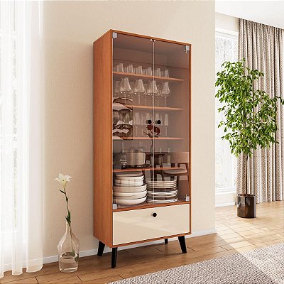 Cristaleira Londres 75x178cm Gaveta 5 Prateleiras e 2 Portas de Vidro
