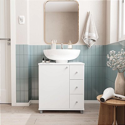 Gabinete Banheiro Compacto 59,9x66cm 3 Gavetas 3 Prateleiras e 4 Pés