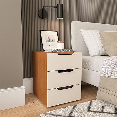Mesa de Cabeceira Madri 40x54cm com 3 Gavetas e Puxadores Embutidos