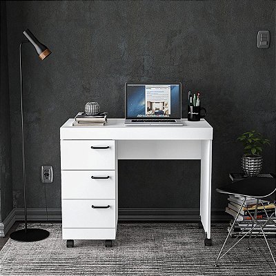 Mesa Escrivaninha Osaka Escritório 90x74cm com 3 Gavetas e Rodízios
