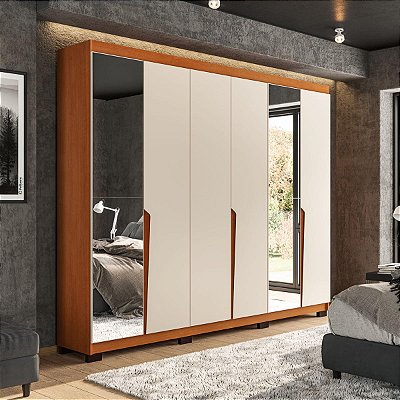 Roupeiro Casal Porto 242x214cm 4 Prateleiras e 6 Portas com Espelho
