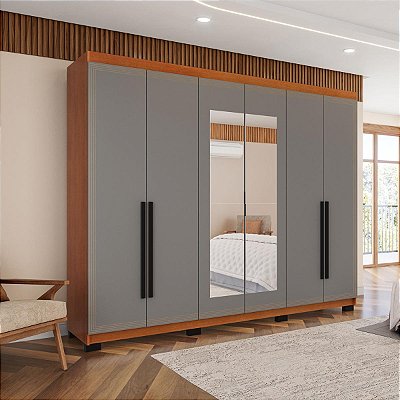 Roupeiro Casal Valência 242x214cm 4 Gavetas 6 Portas com Espelho