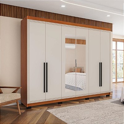 Roupeiro Casal Valência 242x214cm 4 Gavetas 6 Portas com Espelho
