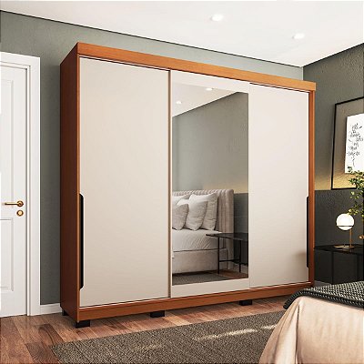 Roupeiro Madri 217x213cm com 4 Gavetas e 3 Portas de Correr c/ Espelho