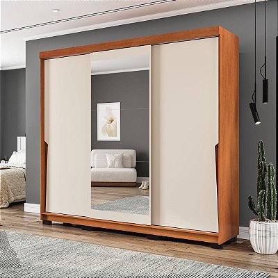 Roupeiro Porto 217x213cm 4 Gavetas e 3 Portas de Correr com Espelho