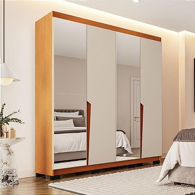 Roupeiro Solteiro Porto 161x214cm 4 Gavetas e 4 Portas com Espelho