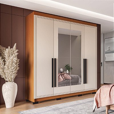 Roupeiro Solteiro Valência 161x214cm 4 Gavetas e 4 Portas com Espelho