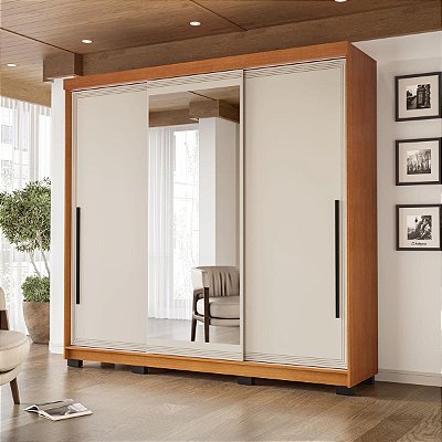 Roupeiro Valência Moderno 217x213cm com 3 Portas Correr e Espelho