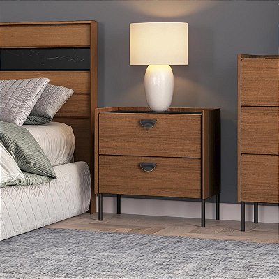 Mesa de Cabeceira Itália em MDF 57x60cm com 2 Gavetas e Pés Metálicos