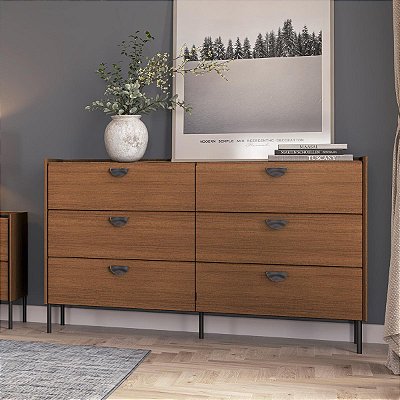 Cômoda Itália Moderna em MDF com 6 Gavetas e Pés Metálicos