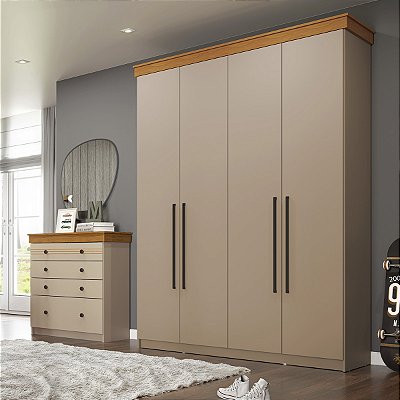 Conjunto Quarto England em MDF Cômoda e Roupeiro 4 Gavetas 4 Portas