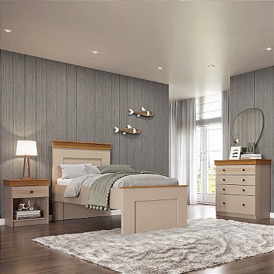 Conjunto Quarto Solteiro England MDF Cama Cômoda e Mesa de Cabeceira