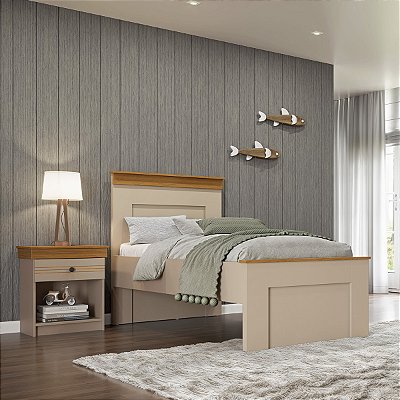 Conjunto p/ Quarto England MDF com Cama Solteiro e Mesa de Cabeceira