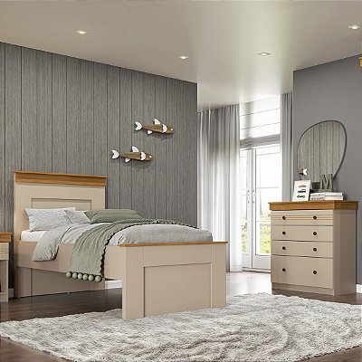 Conjunto Quarto England MDF Cômoda c/ 4 Gavetas e Cama de Solteiro