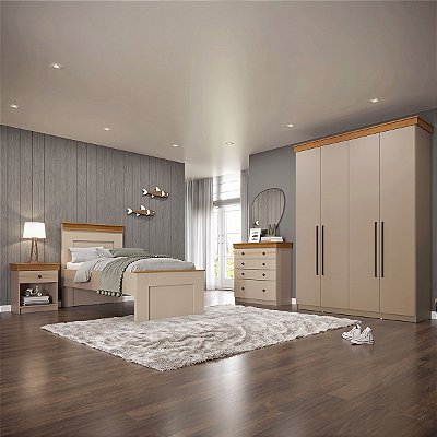 Conjunto Quarto de Solteiro Completo England MDF Detalhes Amadeirados