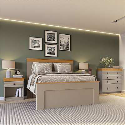 Conjunto Quarto England MDF Cama Casal 2 Mesas de Cabeceira e Cômoda