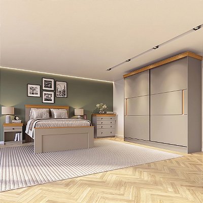 Conjunto Quarto de Casal Completo England MDF com Detalhes Amadeirados