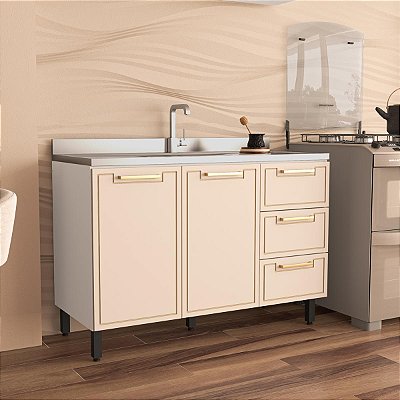 Balcão para Cozinha Amara 120x81cm com 3 Gavetas 2 Portas e 5 Pés