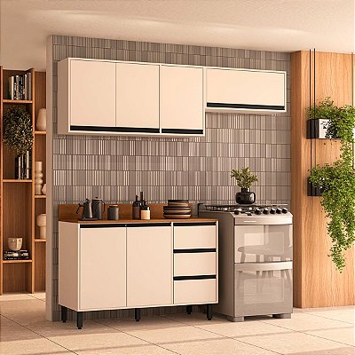 Cozinha Modulada Koya 200x214cm 3 Peças Balcão com 3 Gavetas e Tampo