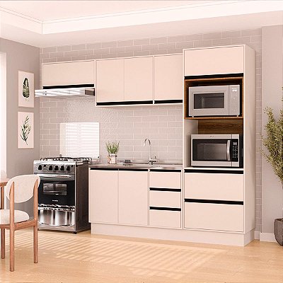 Cozinha Modulada Koya 270x214cm 4 Peças Balcão Torre Quente c/ Rodapé