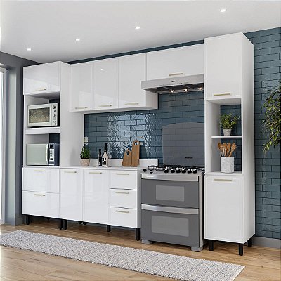 Cozinha Modulada Amara 5 Peças 310x224,5cm Torre Quente Balcão Tampo
