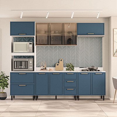 Cozinha Modulada Amara 270x224,5cm 5 Peças com Tampo e Portas de Vidro