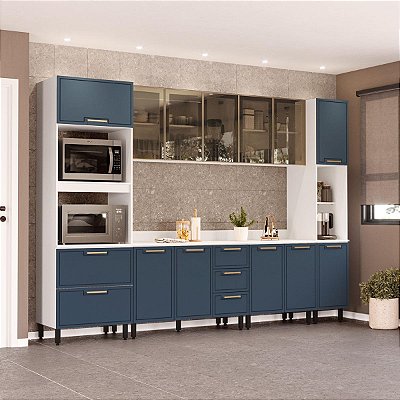 Cozinha Modulada Amara 310x224,5cm 6 Peças com Tampo e Portas de Vidro