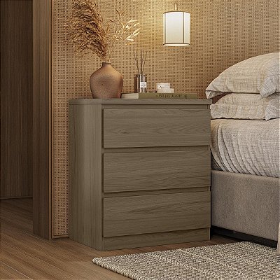Mesa de Cabeceira Lince 100% MDF 60,5x70cm 3 Gavetas Puxadores Cava