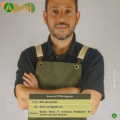 Avental D'ARTAGNAN em Brim na cor Verde Militar. Alça de amarrar, em Algodão crú.