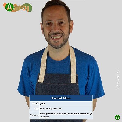 Avental ATHOS em Jeans na cor Azul Marinho. Alça com ajuste, em Algodão crú.