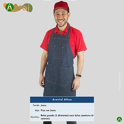 Avental ATHOS em Jeans na cor Azul Marinho. Alça com ajuste, em Jeans.