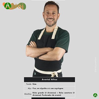 Avental ATHOS em Brim na cor Preto. Alça com ajuste, em Algodão crú.