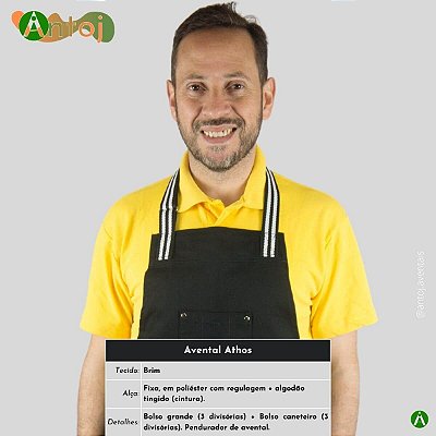 Avental ATHOS em Brim na cor Preto. Alça com ajuste, em Poliéster.