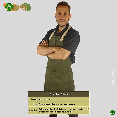 Avental ATHOS em Brim na cor Verde Militar. Alça com ajuste, em Algodão crú.