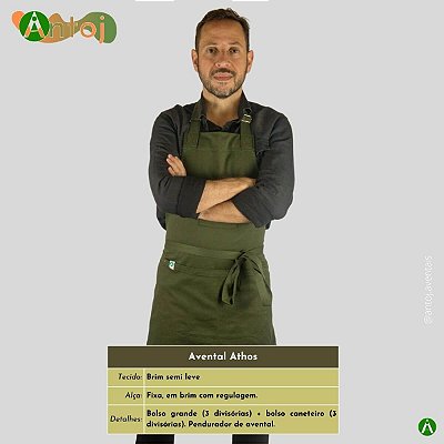 Avental ATHOS em Brim na cor Verde Militar. Alça com ajuste, em Brim.