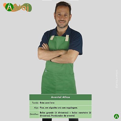 Avental ATHOS em Brim na cor Verde Floresta. Alça com ajuste, em Algodão crú.