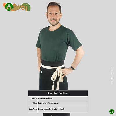 Avental PORTHOS em Brim na cor Preto. Alça de amarrar, em Algodão crú.