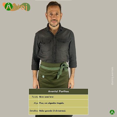 Avental PORTHOS em Brim na cor Verde Militar. Alça de amarrar, em Algodão Verde.