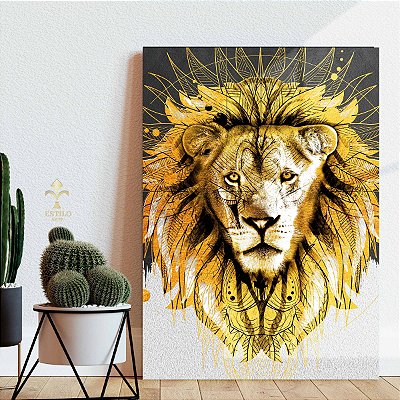 Quadro Decorativo Canvas Arte Abstrata Leão Dourado Vertical