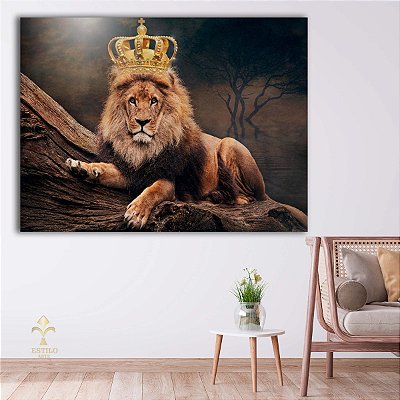 Quadro Decorativo Canvas Animais Selvagens Leão Coroa Dourada Horizontal