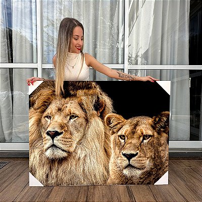 Quadro Decorativo Canvas Animais Selvagens Casal Leão e Leoa Imponentes Horizontal