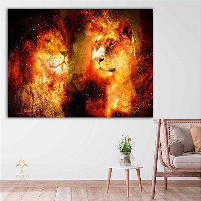 Quadro Decorativo Canvas Arte Abstrata de Leão e Leoa em Chamas Horizontal