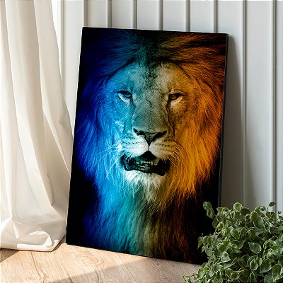 Quadro Decorativo Canvas Animal Selvagem Face Leão Colorido Amarelo e Azul Vertical