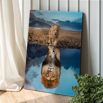 Quadro Decorativo Canvas Animais Selvagens Leão Filho com Reflexo do Pai Vertical