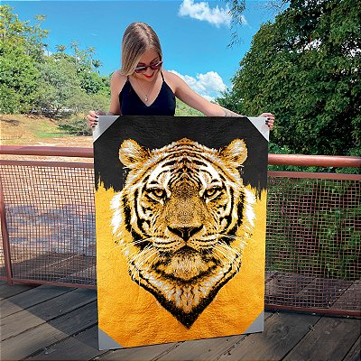 Quadro Decorativo Canvas Animal Selvagem Arte Abstrata Tigre Dourado Vertical