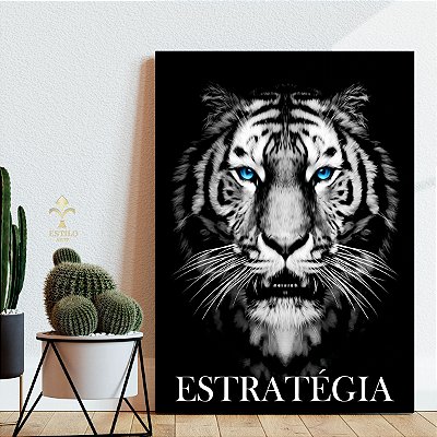 Quadro Decorativo Canvas Tigre Preto e Branco ESTRATÉGIA Letra Branca Vertical