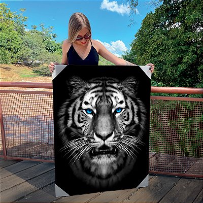 Quadro Decorativo Canvas Tigre Preto e Branco ESTRATÉGIA Letra Branca Vertical