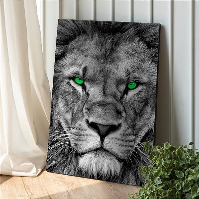 Quadro Decorativo Canvas Leão Preto e Branco Olhos Verdes Vertical