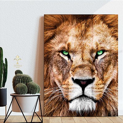 Quadro Decorativo Canvas Animal Selvagem Face Leão Olhos Verdes Vertical